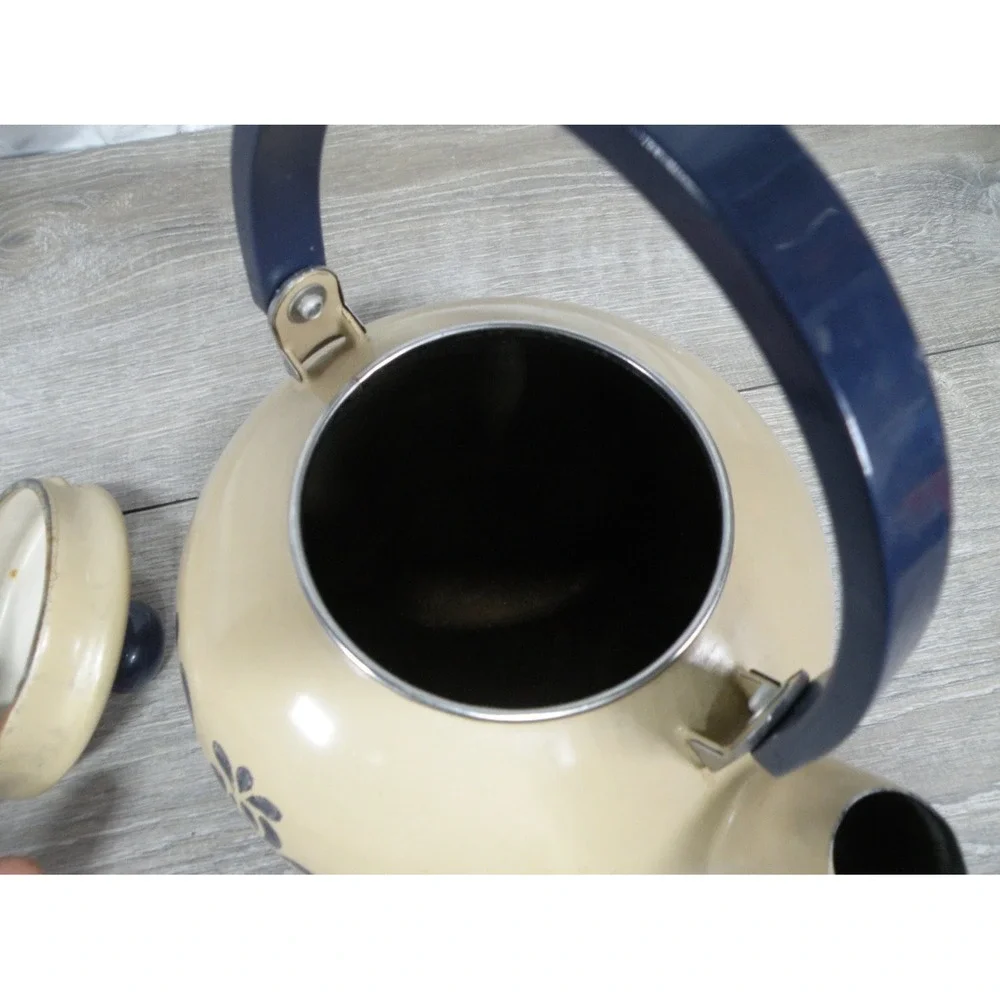 Enamel Tea Kettle Tan Beige Black Floral Stovetop Teapot style